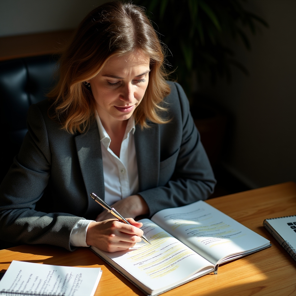 Manager reviewing notes with a focused expression, pen in hand, identifying patterns in a notebook with highlighted sections