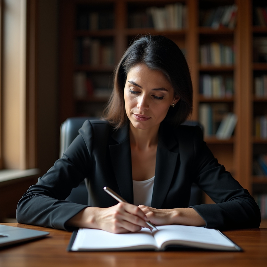 A manager in their mid-forties sitting at a desk reviewing notes, looking thoughtful and focused