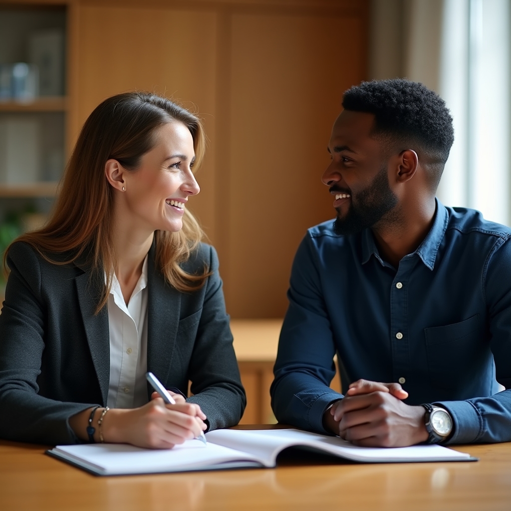 Two colleagues engaged in an attentive, productive conversation across a table with open notebooks