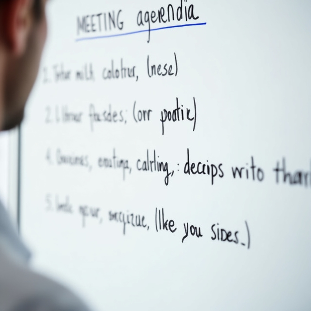 Close-up of a whiteboard with a clearly structured meeting agenda written in bold marker, organized sections visible