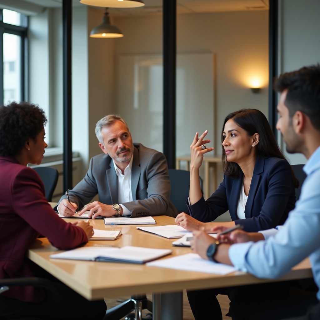 Small group of managers in a workshop setting, attentively engaged in discussion around a table with notes and laptops
