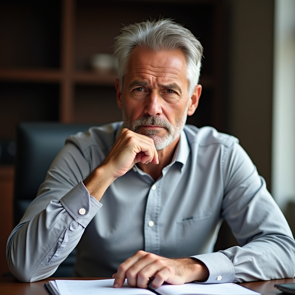 Manager looking at notes with a thoughtful, slightly frustrated expression during a meeting